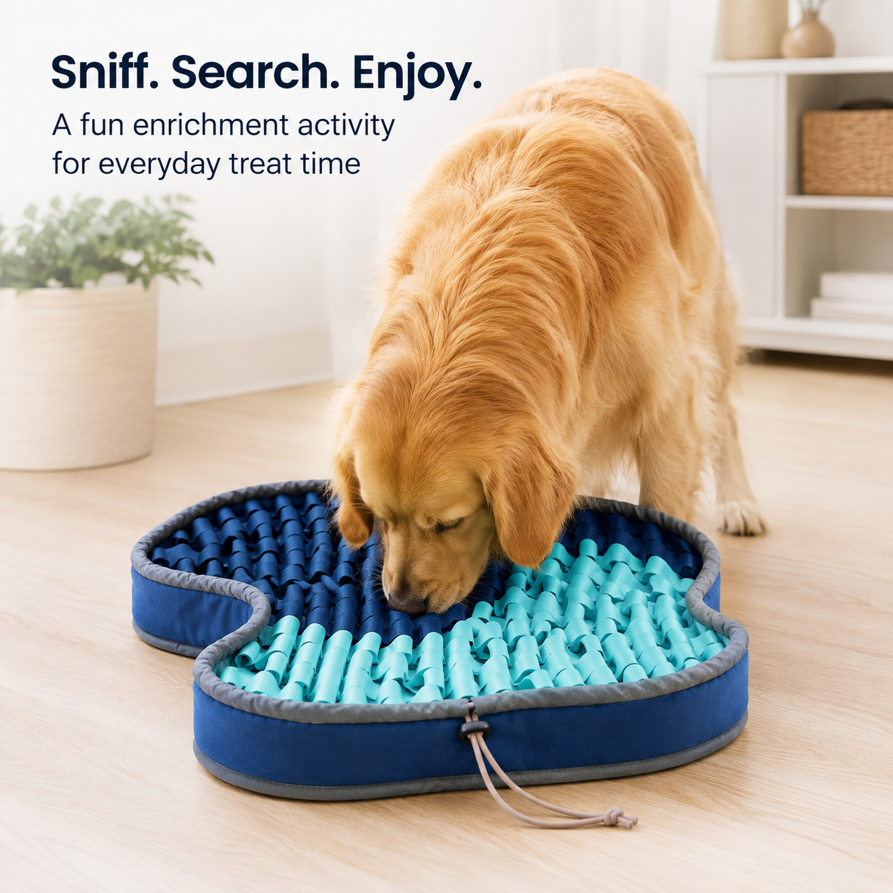 Dog using the PuzzlePup snuffle mat on the floor