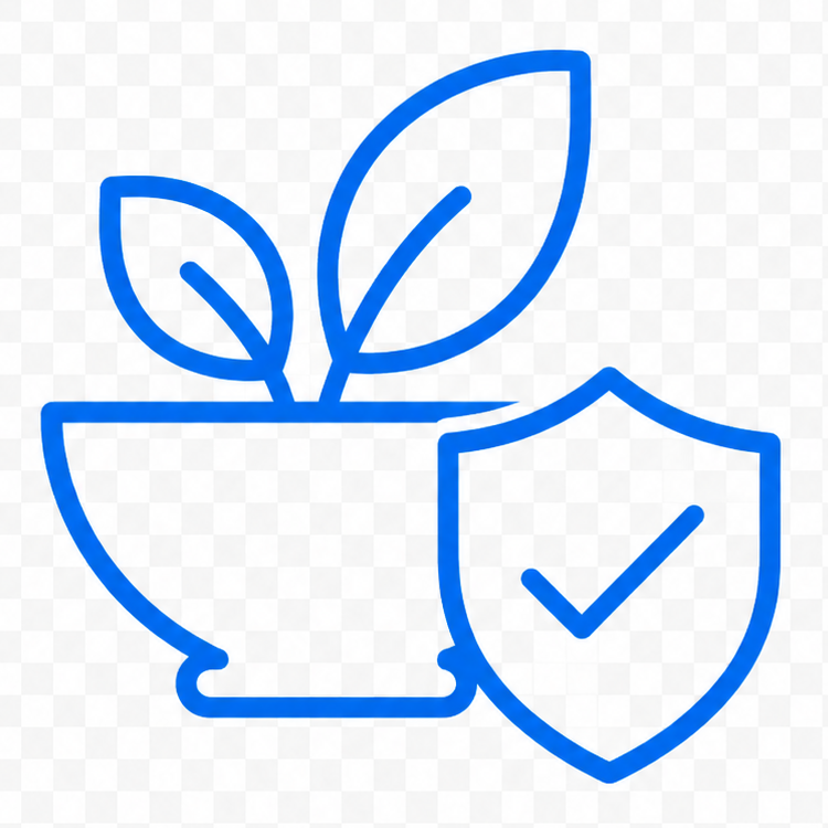Blue icon of a plant in a pot with a shield and check mark on a white background