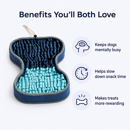 Blue and gray dog toy with text listing benefits on a white background