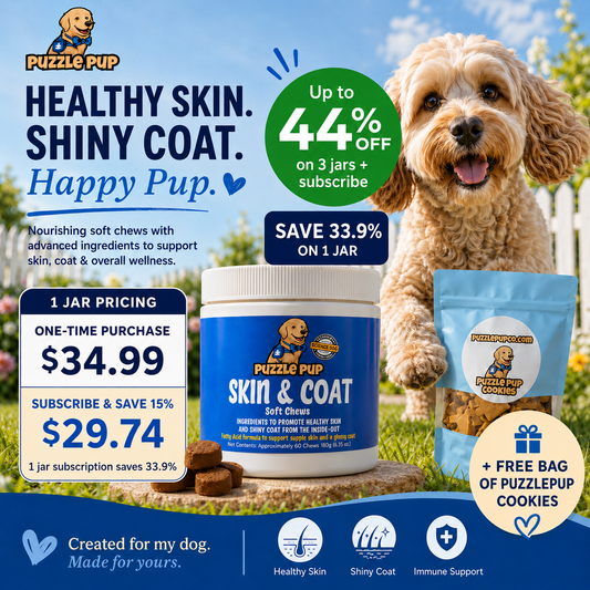 PuzzlePup dog skin & coat soft chews — vet-formulated omega-3, biotin & zinc chews for healthy skin, a shiny coat and less shedding