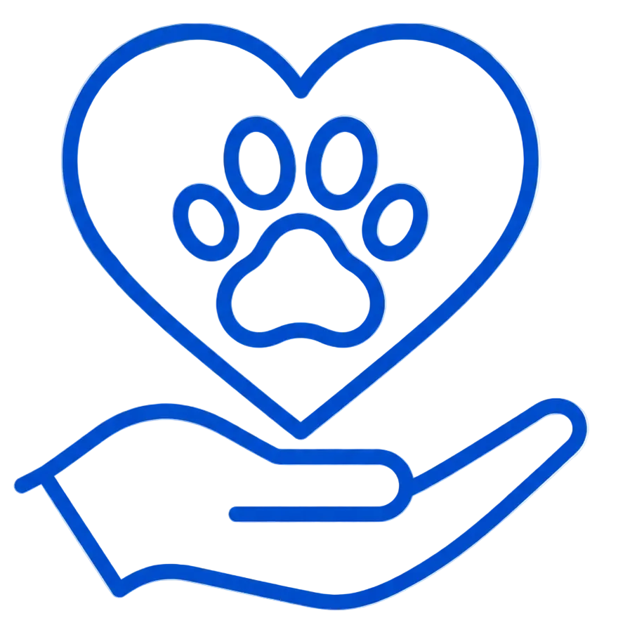 Blue outline of a hand holding a heart with a paw print inside on a transparent background
