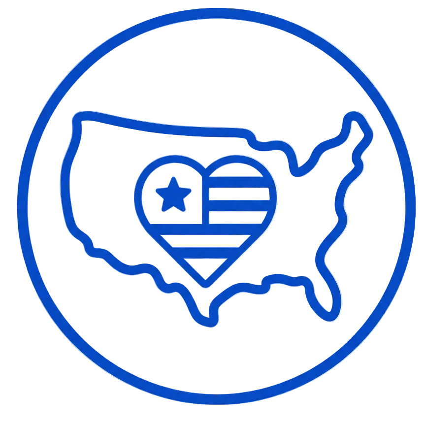 Outline of a heart-shaped map of the United States with an American flag inside on a transparent background