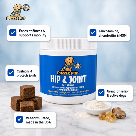PuzzlePup Hip & Joint Soft Chews benefits — eases stiffness, supports mobility, cushions joints, vet-formulated