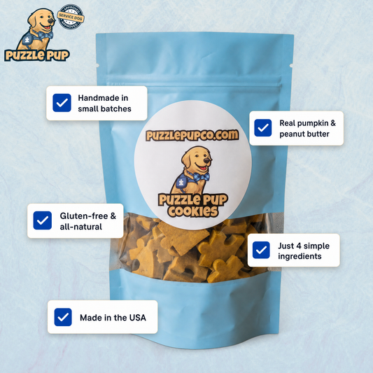 PuzzlePup Pumpkin Peanut Butter Dog Treats benefits — handmade, limited ingredients, enrichment