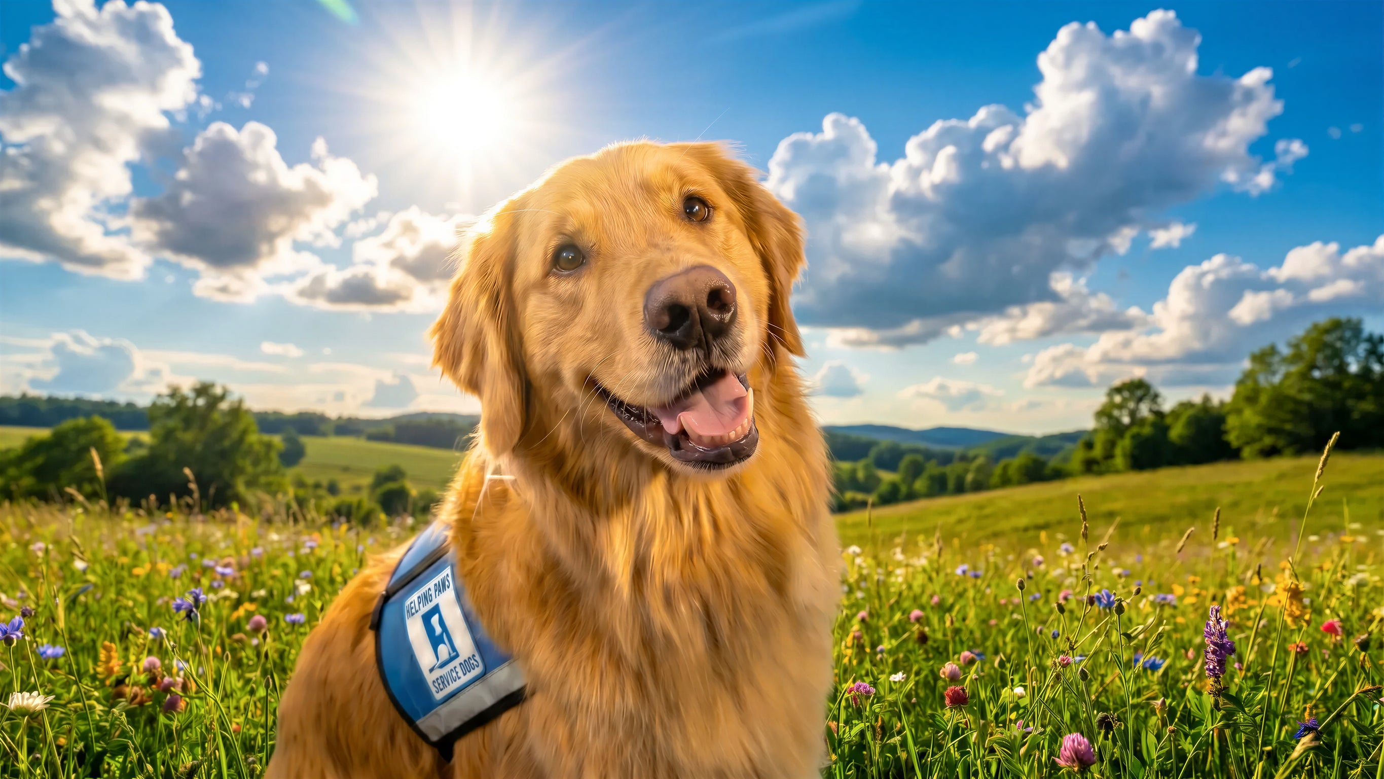 Normie, a golden retriever service dog in his Helping Paws vest, sitting in a sunny wildflower meadow — PuzzlePup natural dog treats and supplements