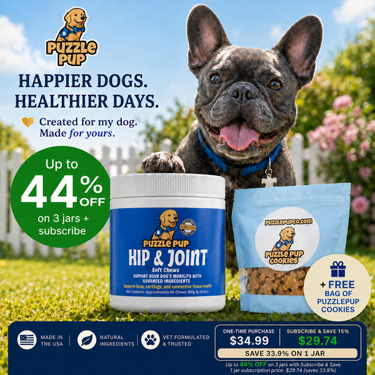 PuzzlePup dog hip & joint soft chews — vet-formulated glucosamine, chondroitin & MSM to ease stiffness and support mobility in senior and active dogs