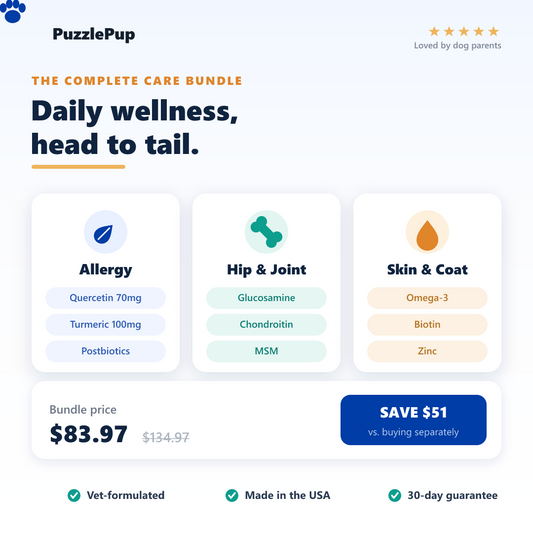 PuzzlePup Complete Care Bundle — Allergy (quercetin, turmeric, postbiotics), Hip & Joint (glucosamine, chondroitin, MSM), Skin & Coat (omega-3, biotin, zinc). $83.97, save $51. Vet-formulated, made in the USA, 30-day guarantee