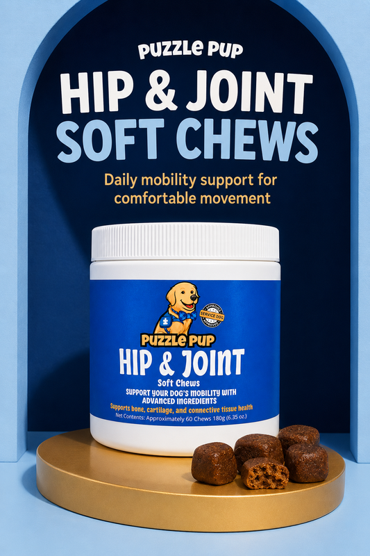 PuzzlePup Hip and Joint Soft Chews jar with soft chews