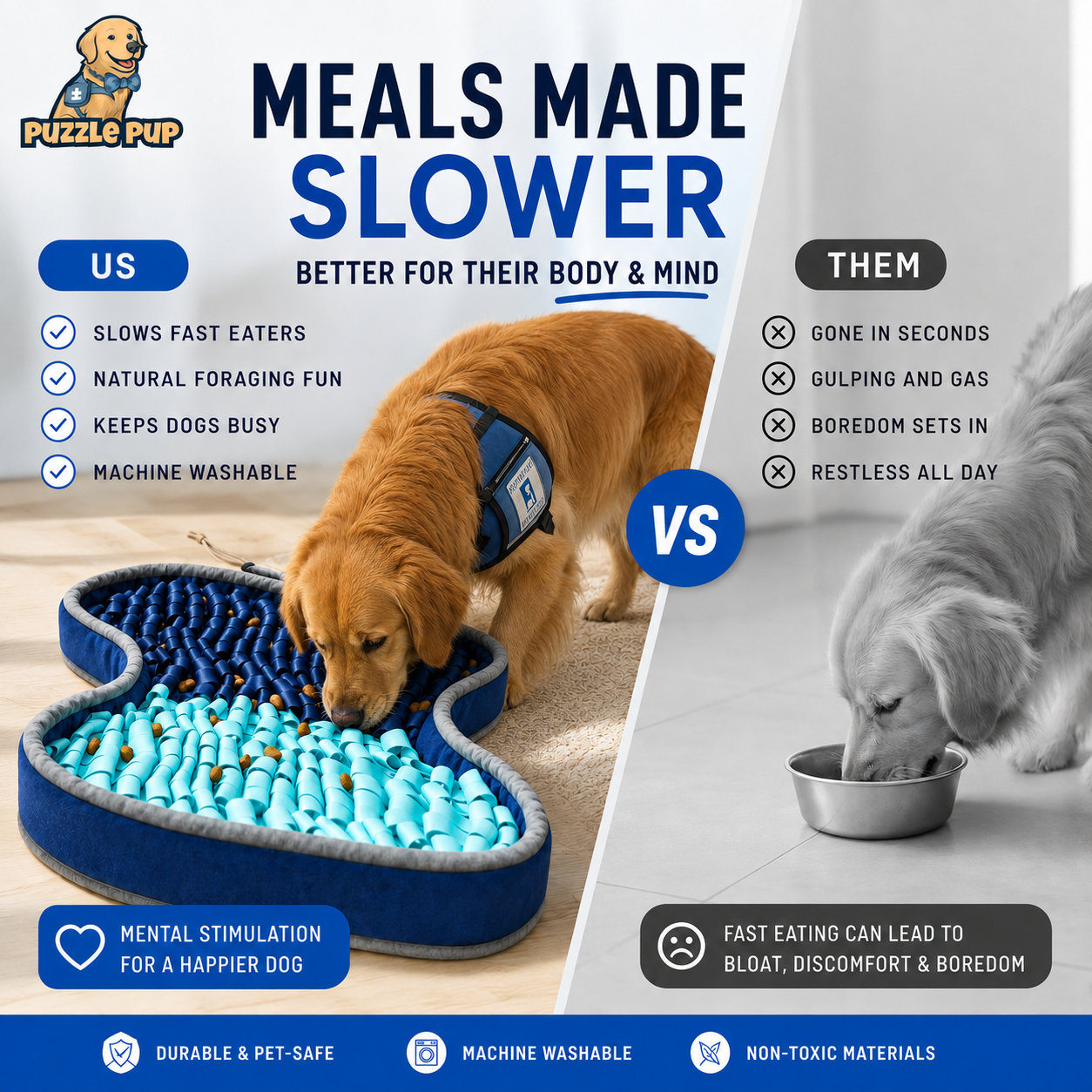 Snuffle mat vs bowl — PuzzlePup slows fast eaters and eases boredom for a happier dog