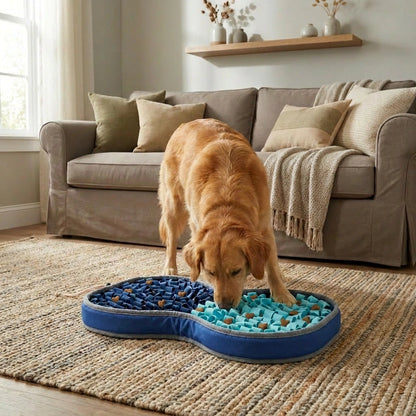 Dog foraging in the PuzzlePup snuffle mat for enrichment