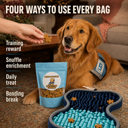 Four ways to use PuzzlePup cookies with Normie and the current hourglass snuffle mat