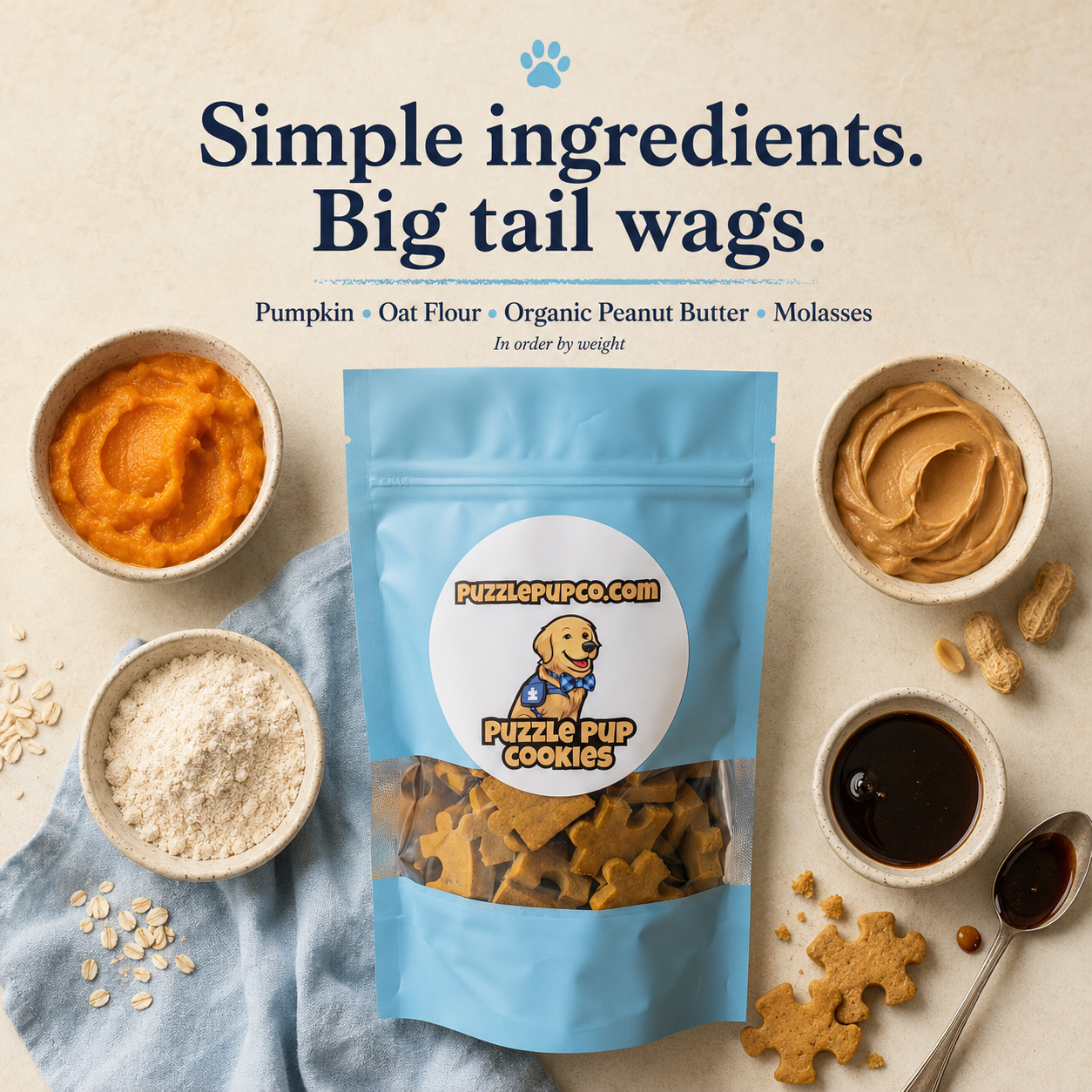 PuzzlePup pumpkin peanut butter dog treats with simple ingredients pumpkin oat flour organic peanut butter and molasses