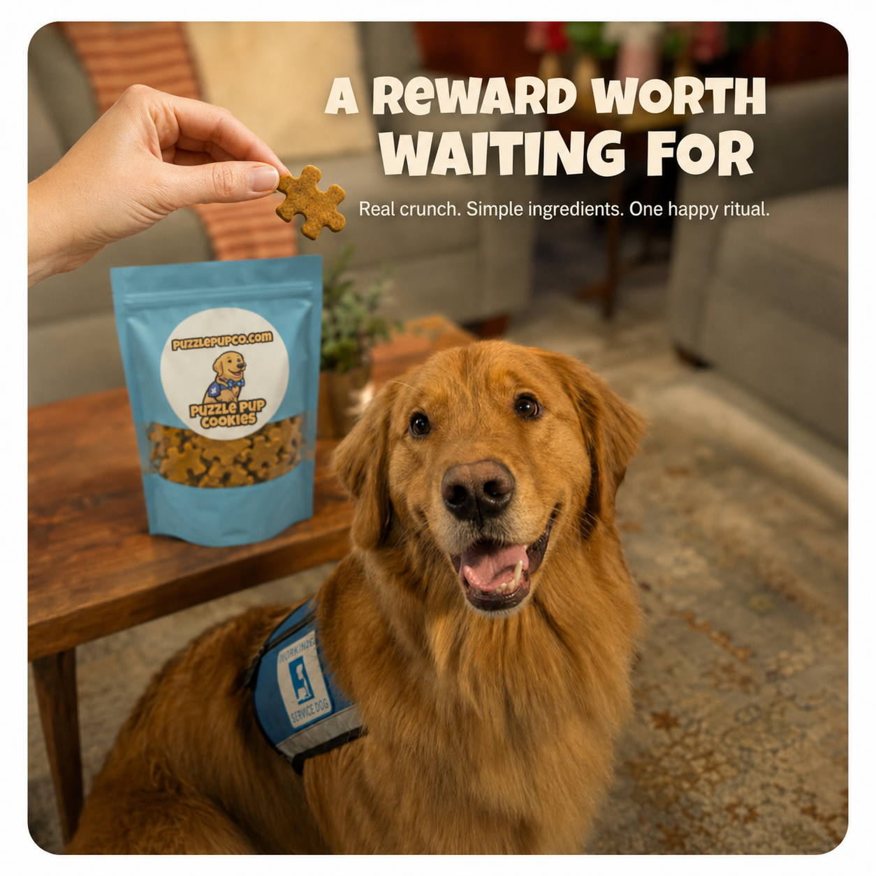Normie waiting for a handmade PuzzlePup cookie held by a light-skinned hand