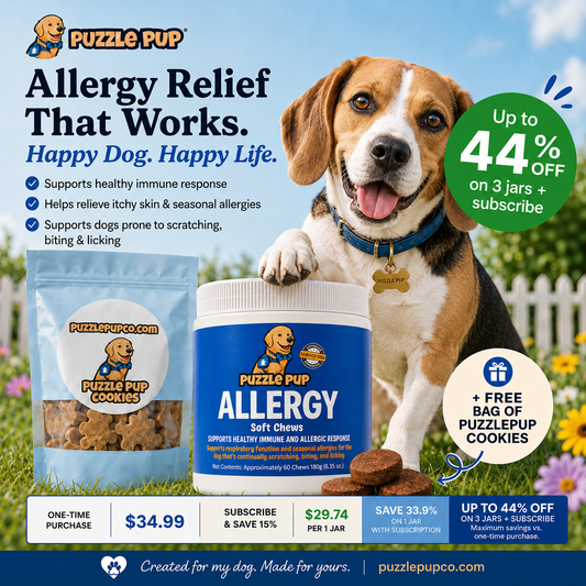 PuzzlePup dog allergy relief soft chews — vet-formulated quercetin & turmeric chews that calm itchy skin, paw licking and seasonal allergies