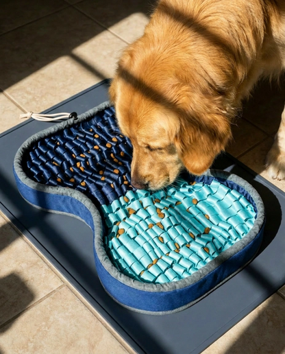 Golden retriever using the PuzzlePup Snuffle Mat with treats hidden inside — real enrichment and slow feeding for dogs