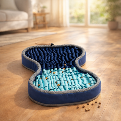 PuzzlePup Snuffle Mat on a wood floor in a cozy home with kibble scattered in the loops